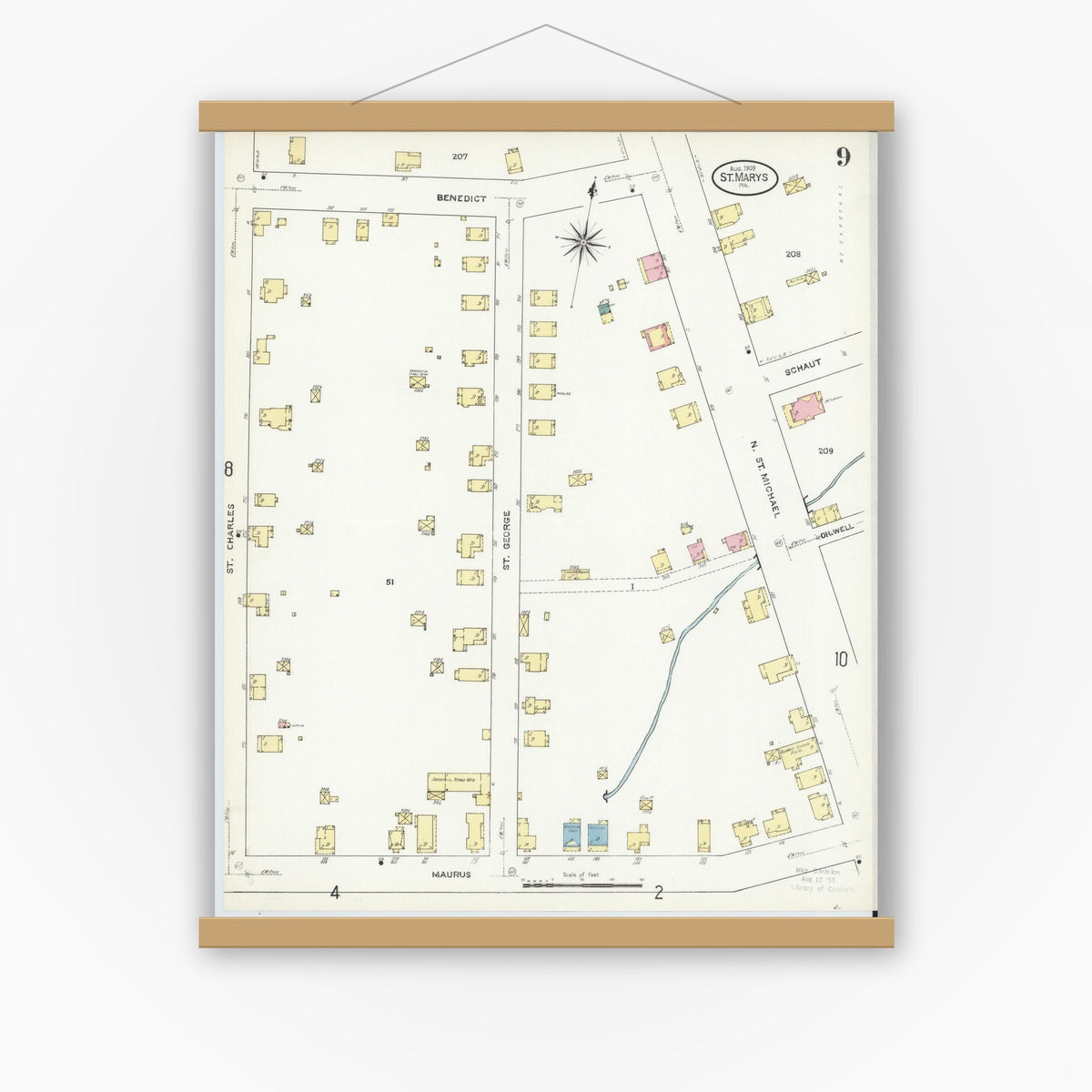 Old map wall art mockup — magnetic wood frame on white wall — Sanborn Fire Insurance Map from Saint Marys, Elk County, Pennsylvania (1909), Sheet #0009