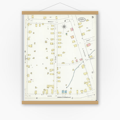Old map wall art mockup — magnetic wood frame on white wall — Sanborn Fire Insurance Map from Saint Marys, Elk County, Pennsylvania (1909), Sheet #0009