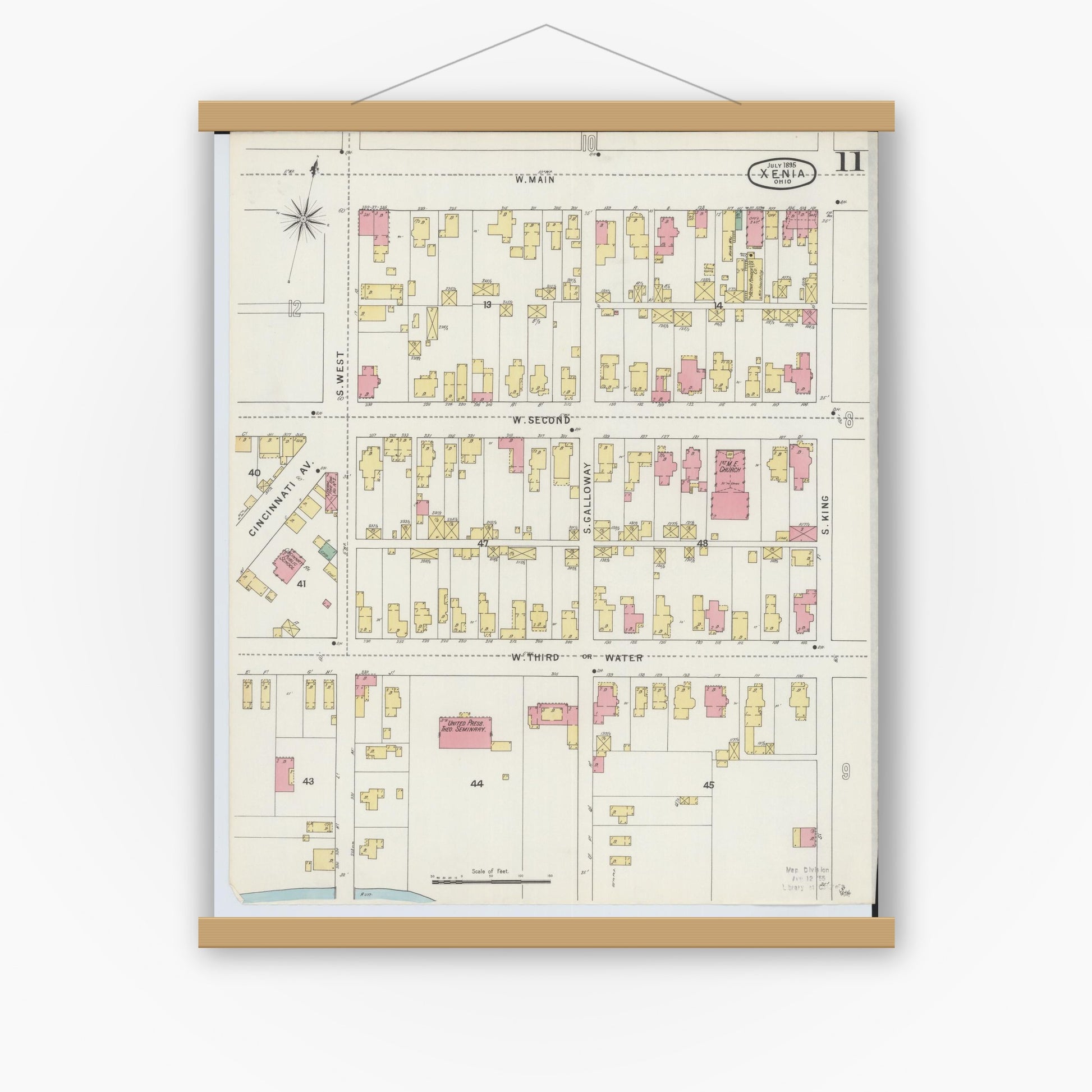 Old map wall art mockup — magnetic wood frame on white wall — Sanborn Fire Insurance Map from Xenia, Greene County, Ohio (1895), Sheet #0011