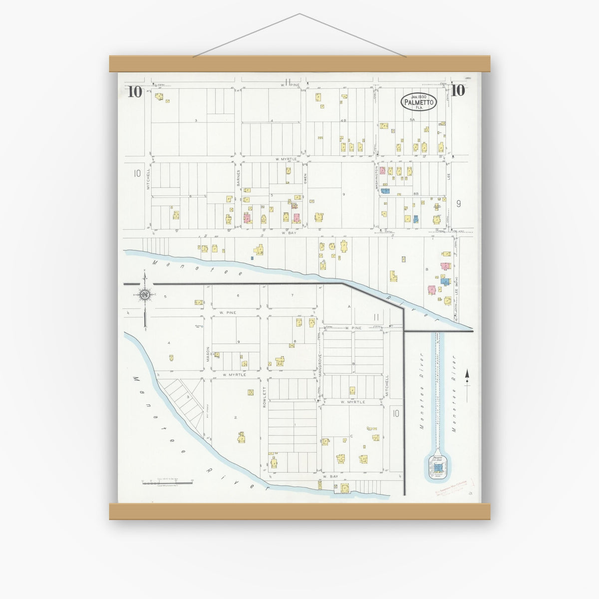 Old map wall art mockup — magnetic wood frame on white wall — Sanborn Fire Insurance Map from Palmetto, Manatee County, Florida (1930), Sheet #0010