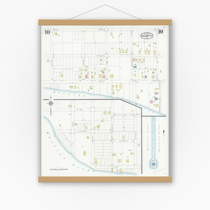 Old map wall art mockup — magnetic wood frame on white wall — Sanborn Fire Insurance Map from Palmetto, Manatee County, Florida (1930), Sheet #0010