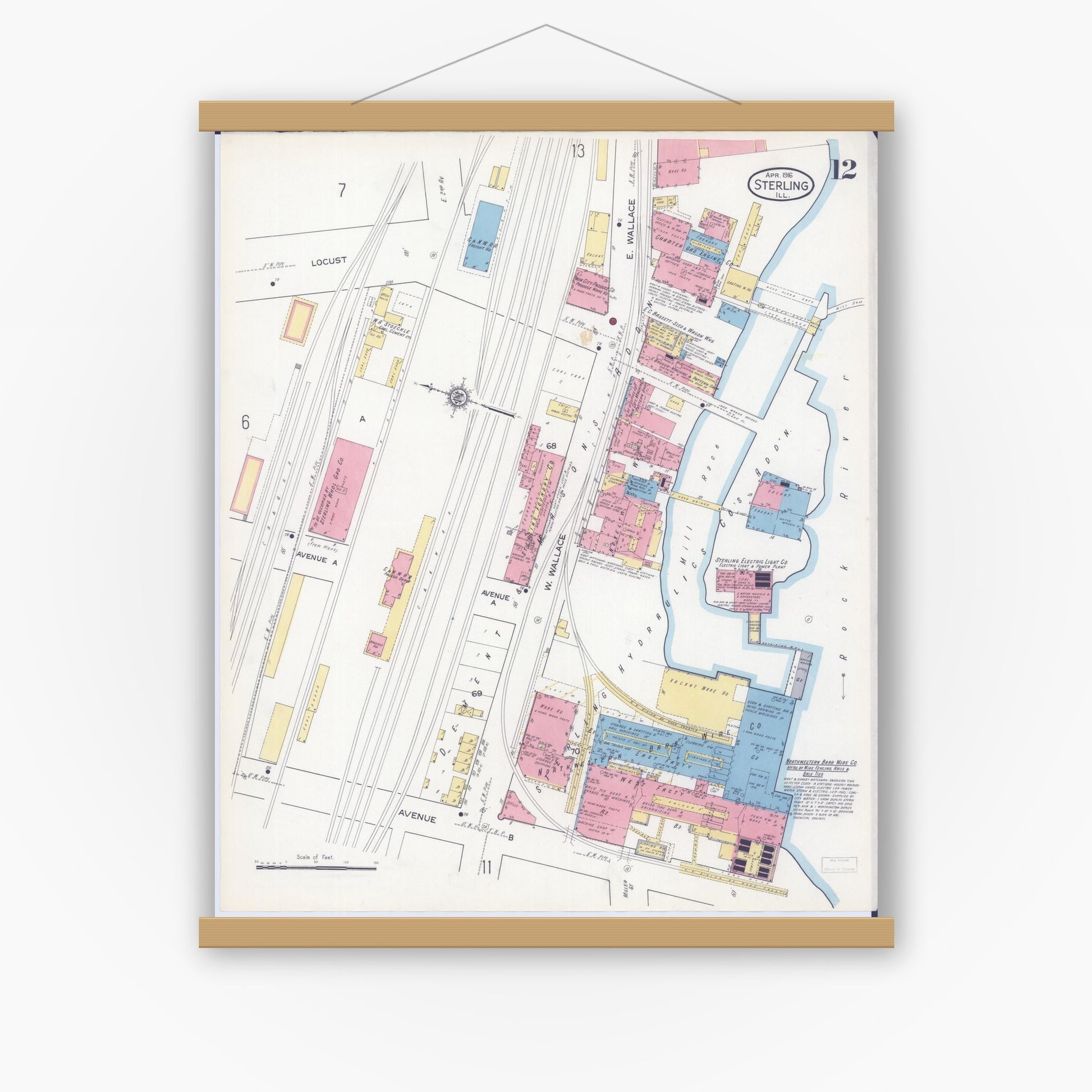 Old map wall art mockup — magnetic wood frame on white wall — Sanborn Fire Insurance Map from Sterling, Whiteside County, Illinois (1916), Sheet #0012