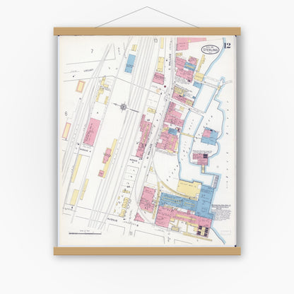 Old map wall art mockup — magnetic wood frame on white wall — Sanborn Fire Insurance Map from Sterling, Whiteside County, Illinois (1916), Sheet #0012