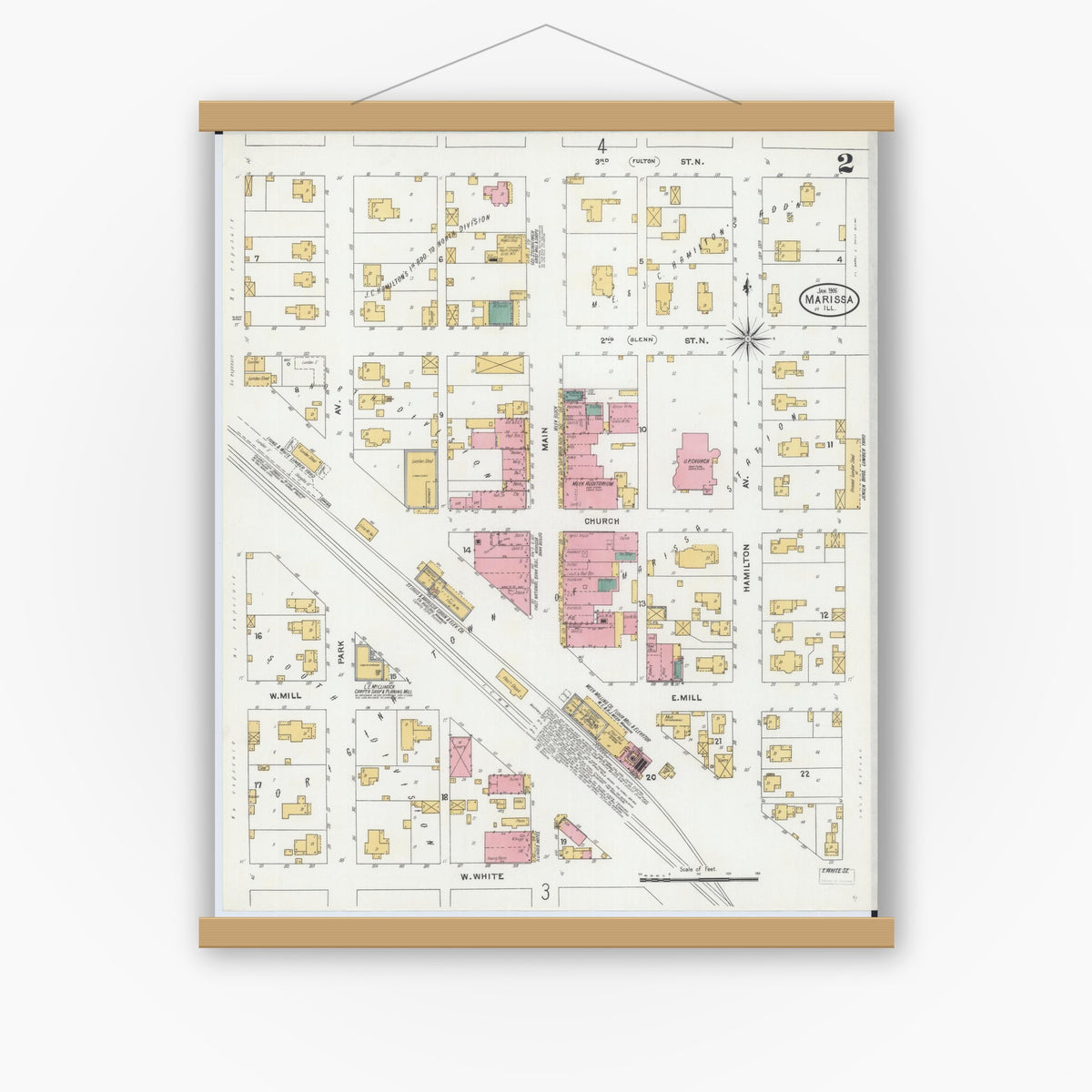 Old map wall art mockup — magnetic wood frame on white wall — Sanborn Fire Insurance Map from Marissa, Saint Clair County, Illinois (1906), Sheet #0002