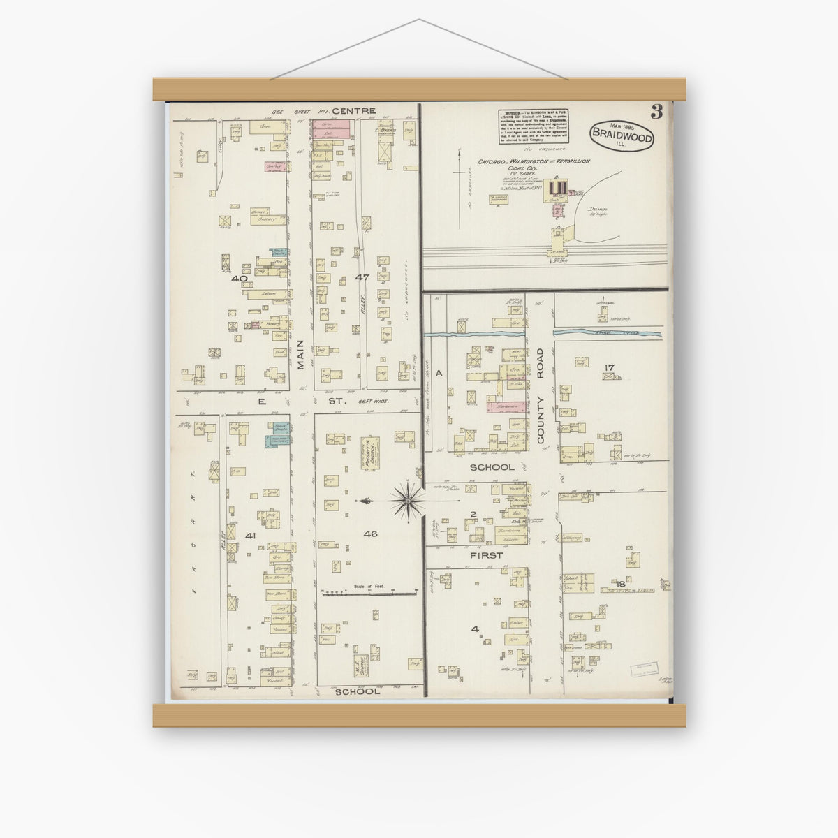 Old map wall art mockup — magnetic wood frame on white wall — Sanborn Fire Insurance Map from Braidwood, Will County, Illinois (1885), Sheet #0003