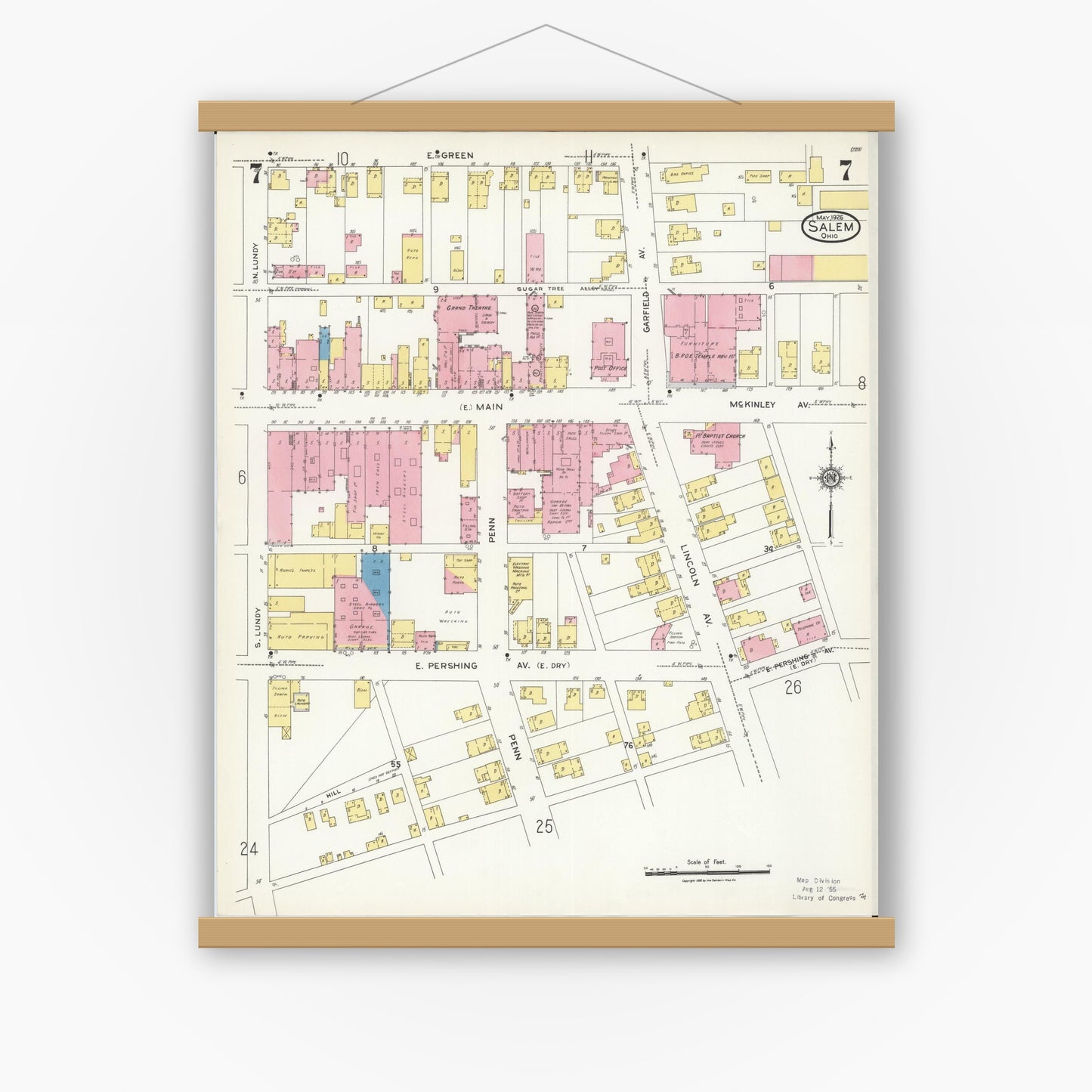 Old map wall art mockup — magnetic wood frame on white wall — Sanborn Fire Insurance Map from Salem, Columbiana County, Ohio (1926), Sheet #0007
