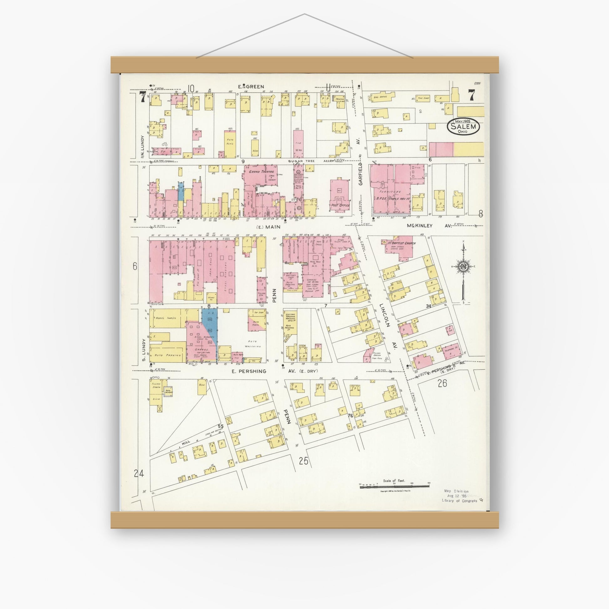 Old map wall art mockup — magnetic wood frame on white wall — Sanborn Fire Insurance Map from Salem, Columbiana County, Ohio (1926), Sheet #0007