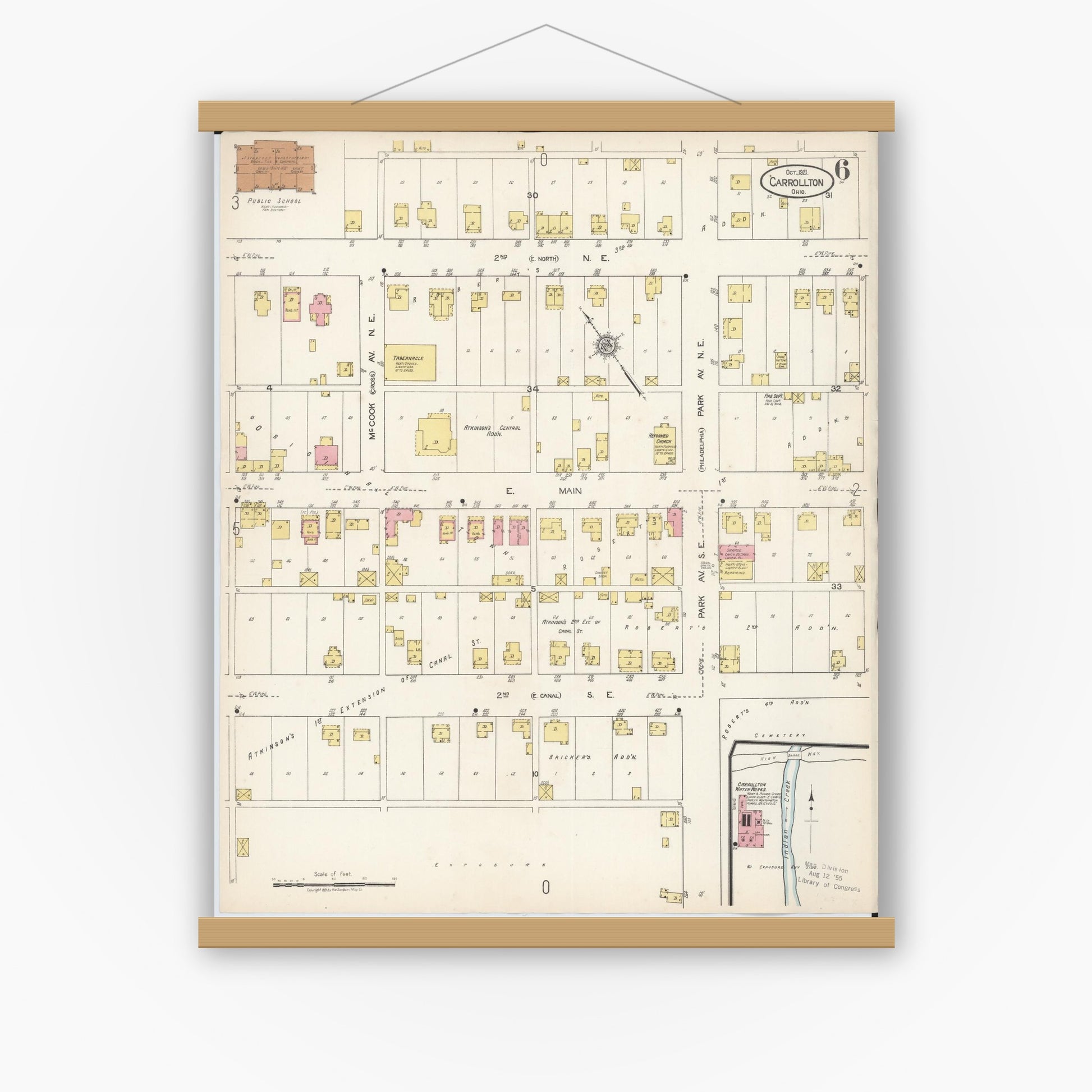 Old map wall art mockup — magnetic wood frame on white wall — Sanborn Fire Insurance Map from Carrollton, Carroll County, Ohio (1921), Sheet #0006