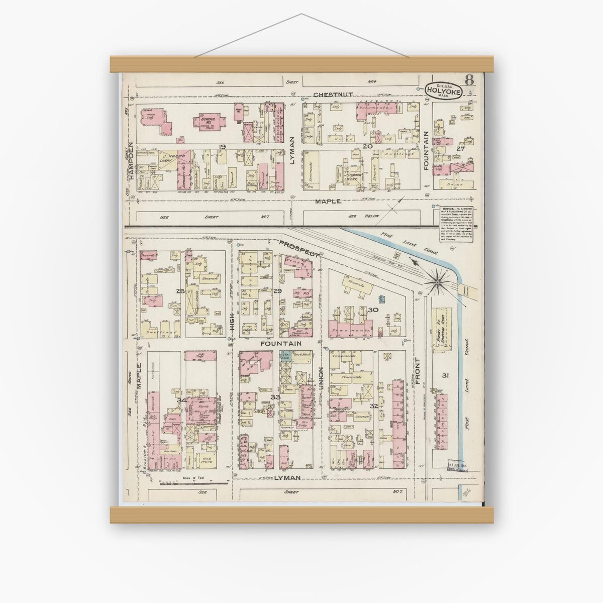 Old map wall art mockup — magnetic wood frame on white wall — Sanborn Fire Insurance Map from Holyoke, Hampden County, Massachusetts (1884), Sheet #0008