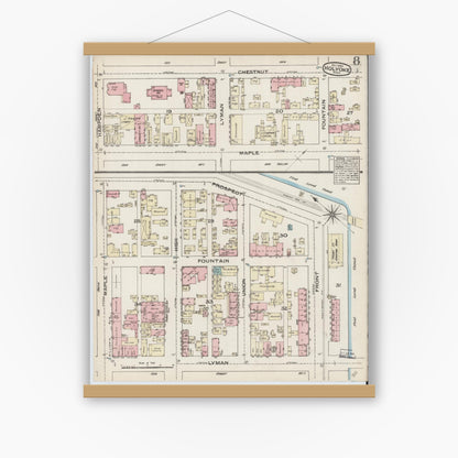 Old map wall art mockup — magnetic wood frame on white wall — Sanborn Fire Insurance Map from Holyoke, Hampden County, Massachusetts (1884), Sheet #0008