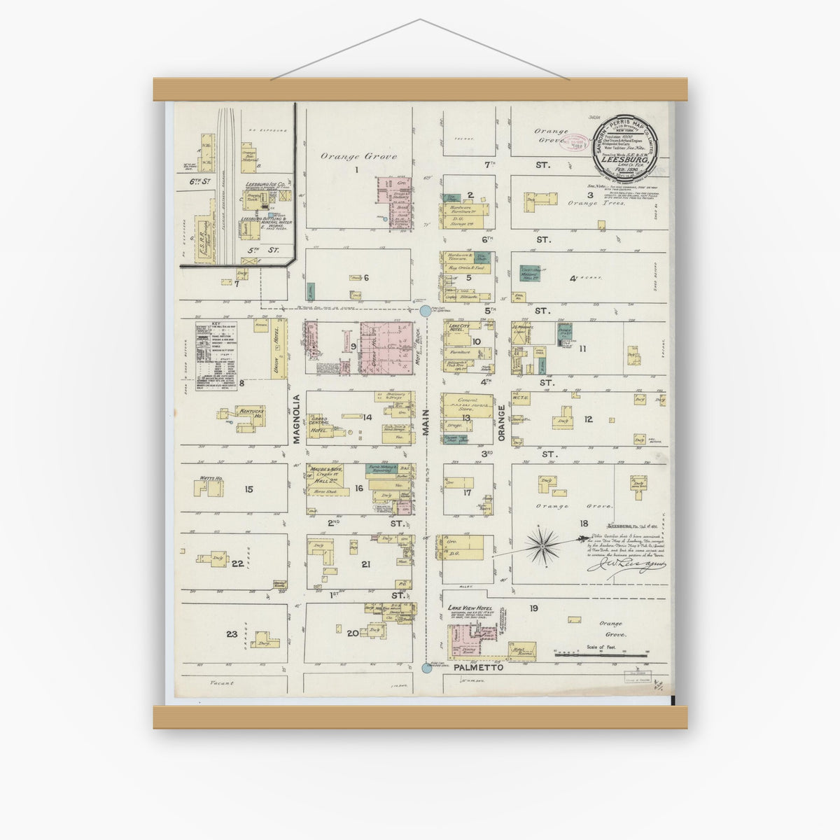 Old map wall art mockup — magnetic wood frame on white wall — Sanborn Fire Insurance Map from Leesburg, Lake County, Florida (1890), Sheet #0001