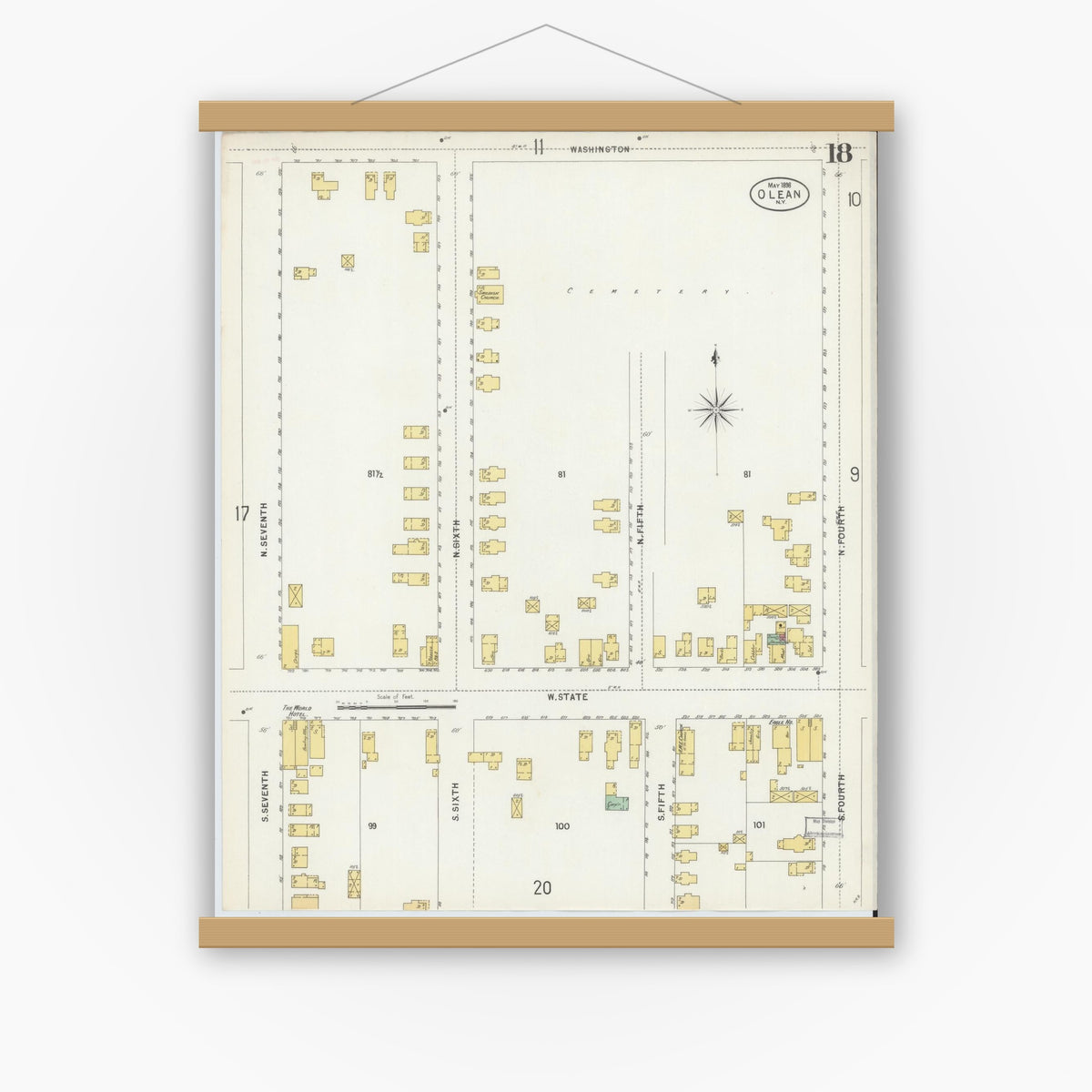 Old map wall art mockup — magnetic wood frame on white wall — Sanborn Fire Insurance Map from Olean, Cattaraugus County, New York (1898), Sheet #0018