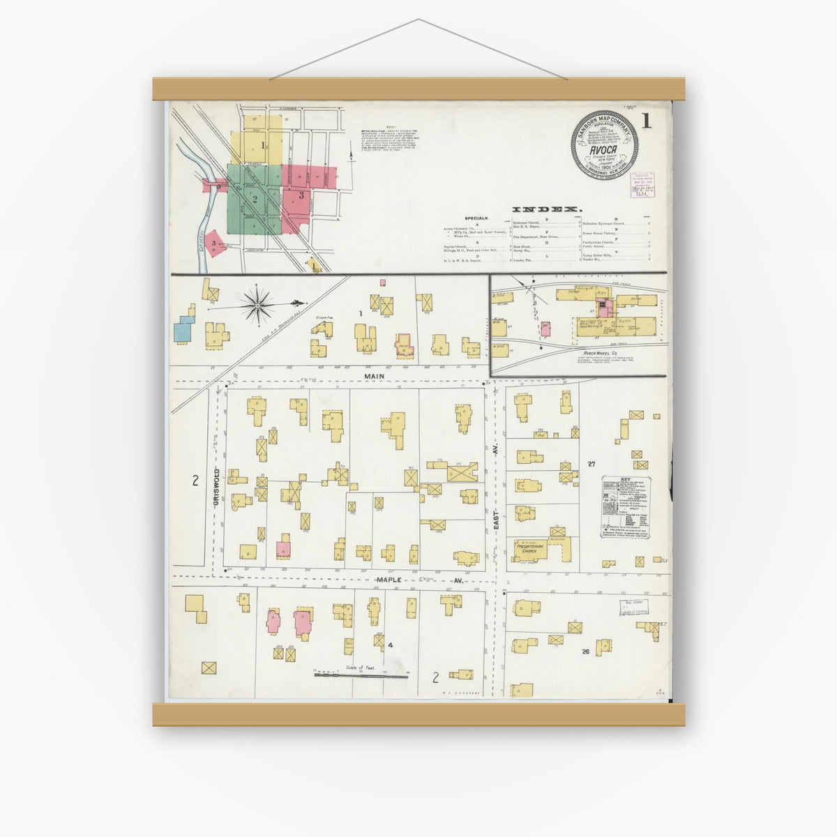 Old map wall art mockup — magnetic wood frame on white wall — Sanborn Fire Insurance Map from Avoca, Steuben County, New York (1905), Sheet #0001