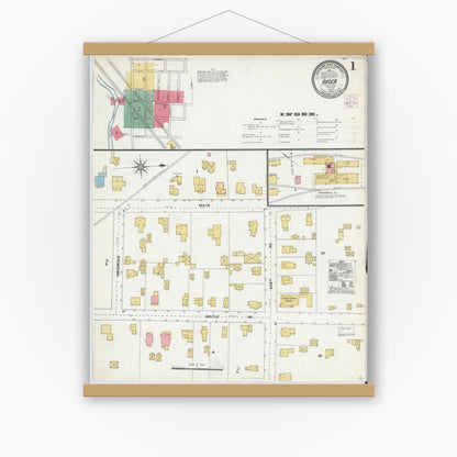 Old map wall art mockup — magnetic wood frame on white wall — Sanborn Fire Insurance Map from Avoca, Steuben County, New York (1905), Sheet #0001