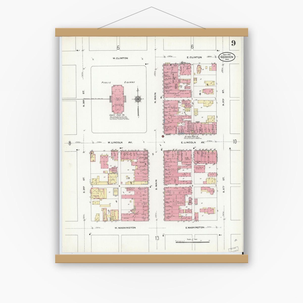 Old map wall art mockup — magnetic wood frame on white wall — Sanborn Fire Insurance Map from Goshen, Elkhart County, Indiana (1910), Sheet #0009