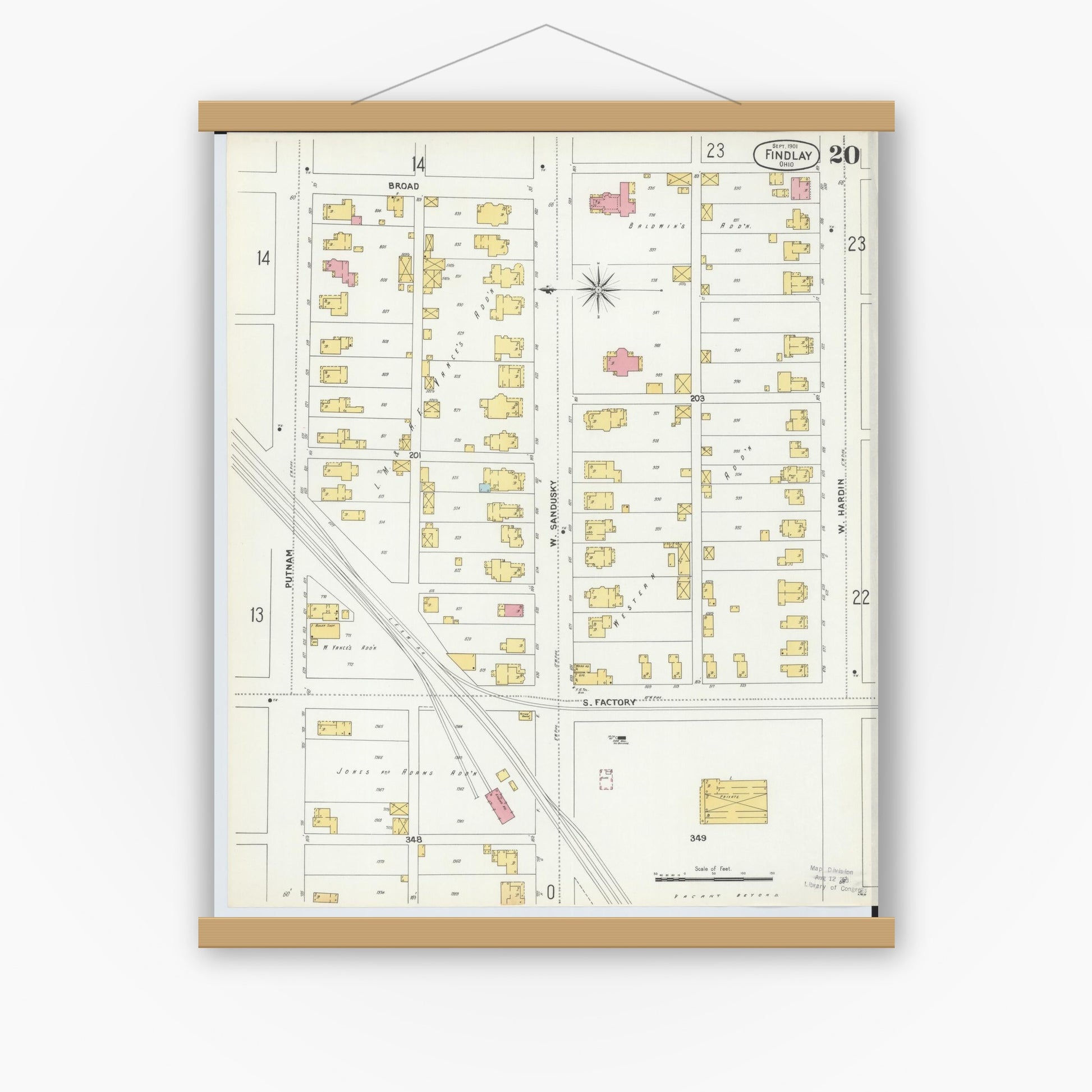 Old map wall art mockup — magnetic wood frame on white wall — Sanborn Fire Insurance Map from Findlay, Hancock County, Ohio (1901), Sheet #0020