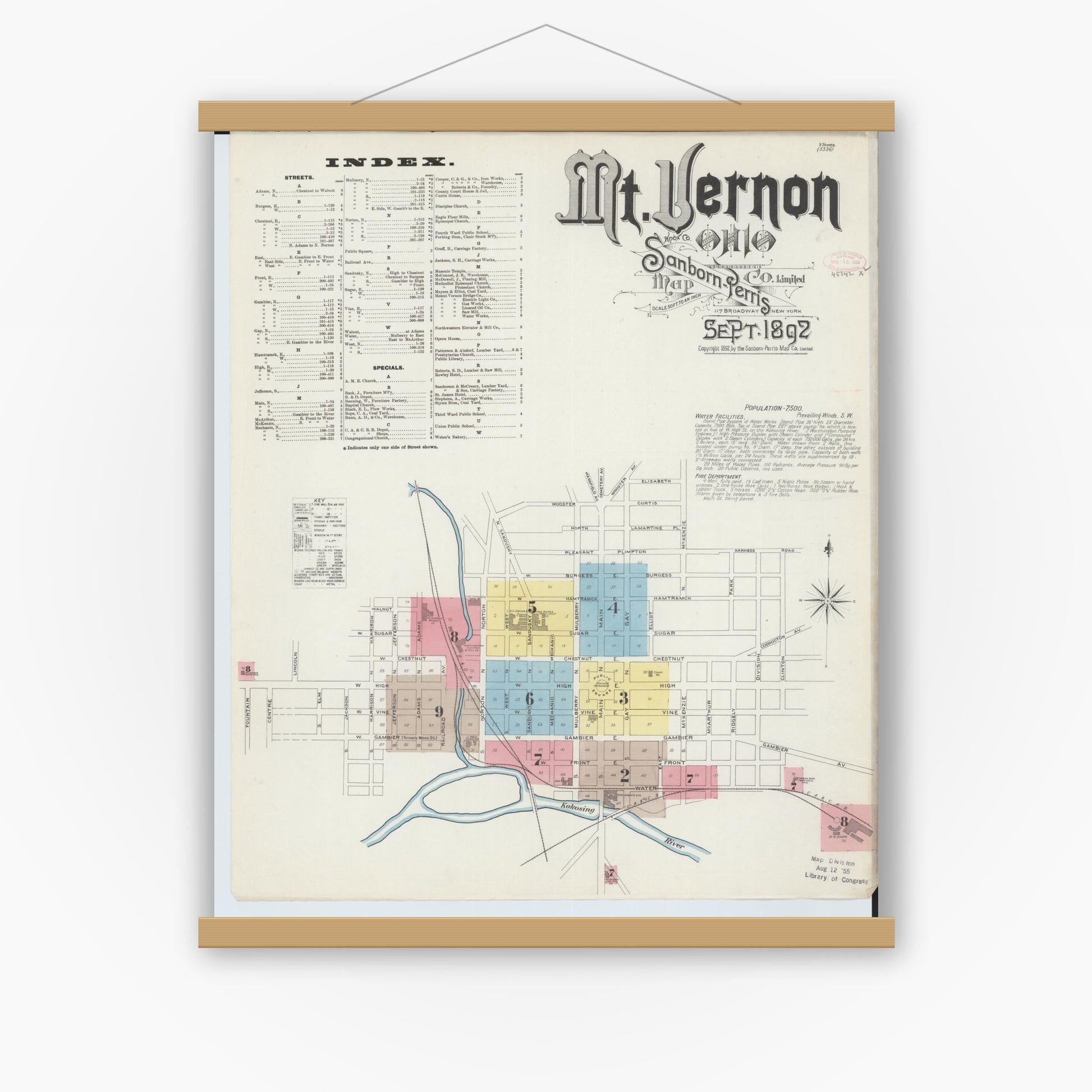 Old map wall art mockup — magnetic wood frame on white wall — Sanborn Fire Insurance Map from Mount Vernon, Knox County, Ohio (1892) - Complete Map Set