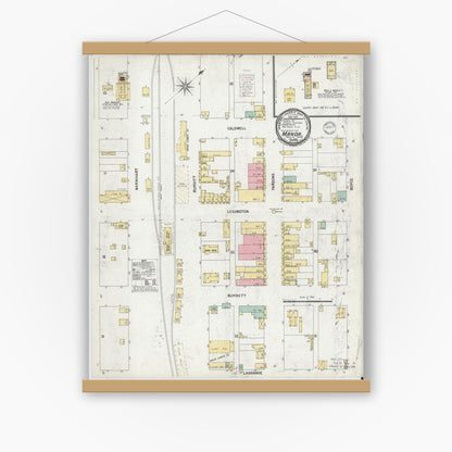 Old map wall art mockup — magnetic wood frame on white wall — Sanborn Fire Insurance Map from Manor, Travis County, Texas (1900), Sheet #0001