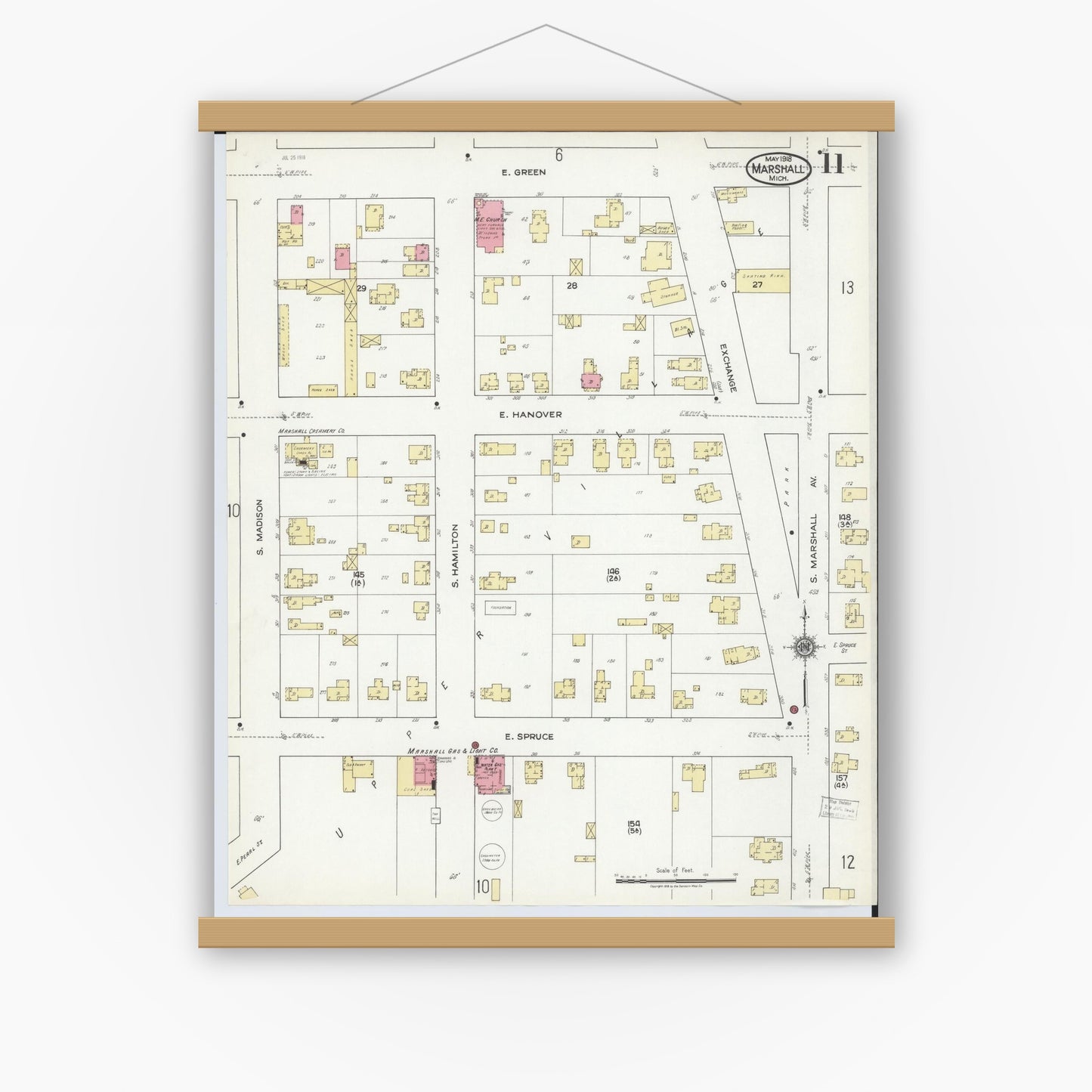 Old map wall art mockup — magnetic wood frame on white wall — Sanborn Fire Insurance Map from Marshall, Calhoun County, Michigan (1916), Sheet #0011