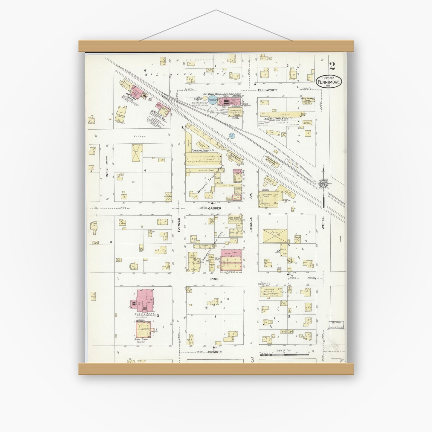 Old map wall art mockup — magnetic wood frame on white wall — Sanborn Fire Insurance Map from Fennimore, Grant County, Wisconsin (1912), Sheet #0002