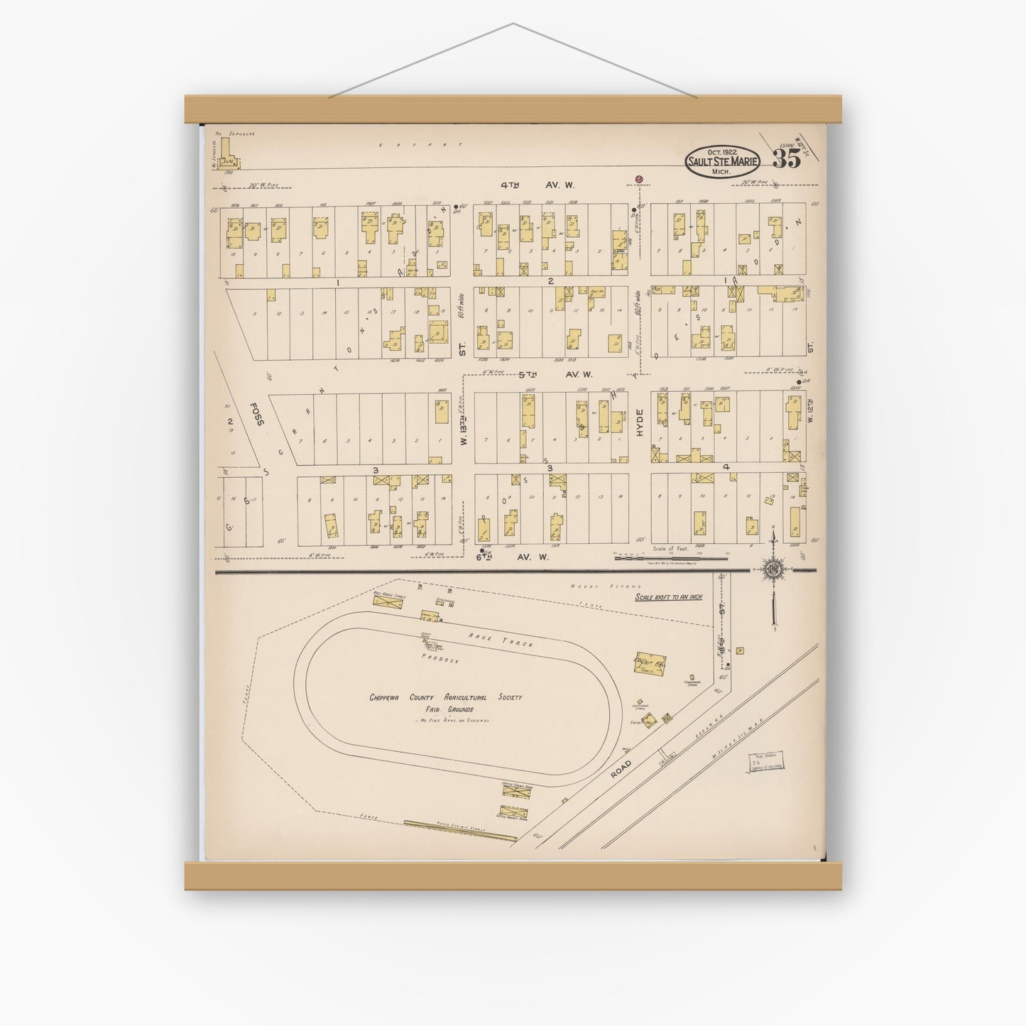 Old map wall art mockup — magnetic wood frame on white wall — Sanborn Fire Insurance Map from Sault Sainte Marie, Chippewa County, Michigan (1922), Sheet #0035