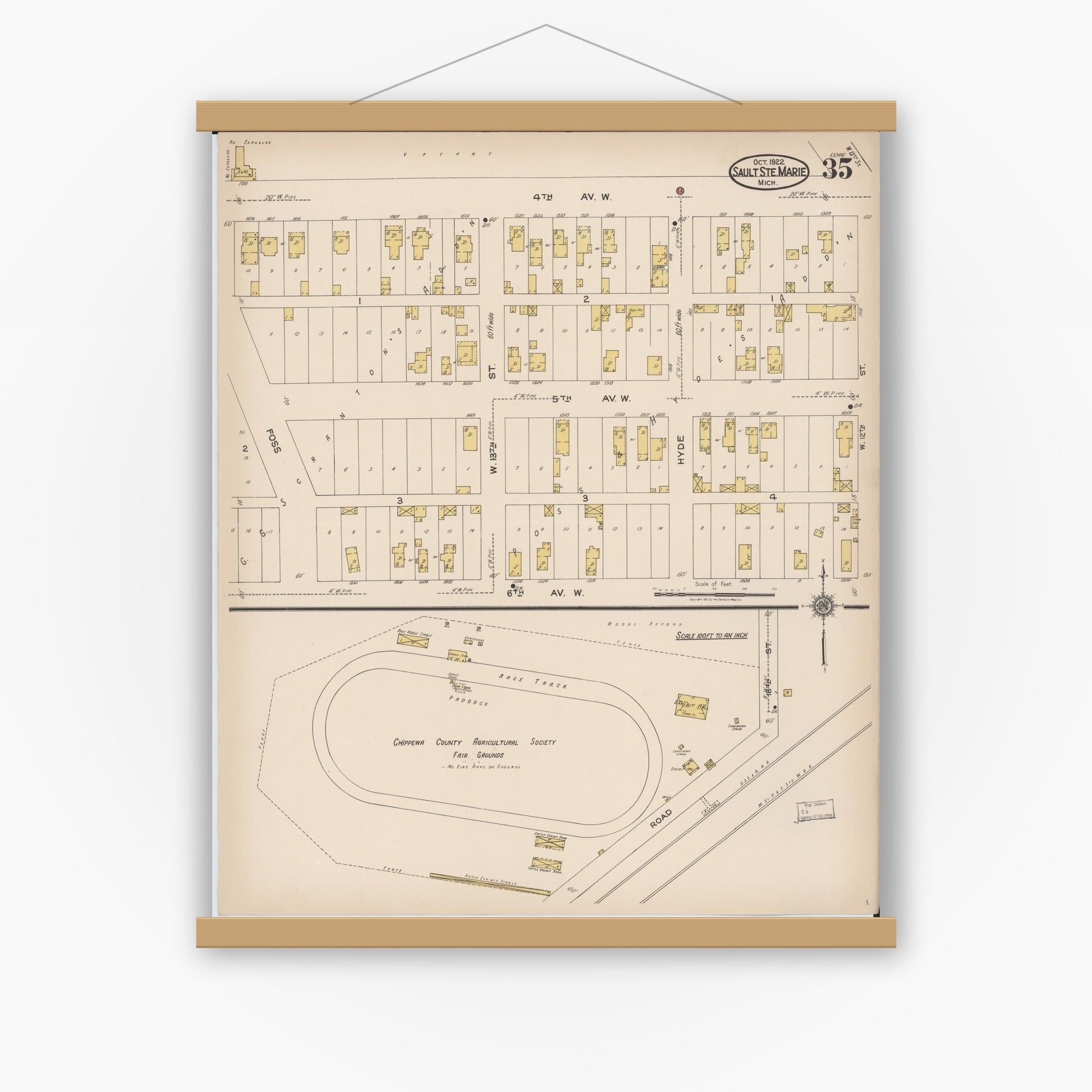 Old map wall art mockup — magnetic wood frame on white wall — Sanborn Fire Insurance Map from Sault Sainte Marie, Chippewa County, Michigan (1922), Sheet #0035
