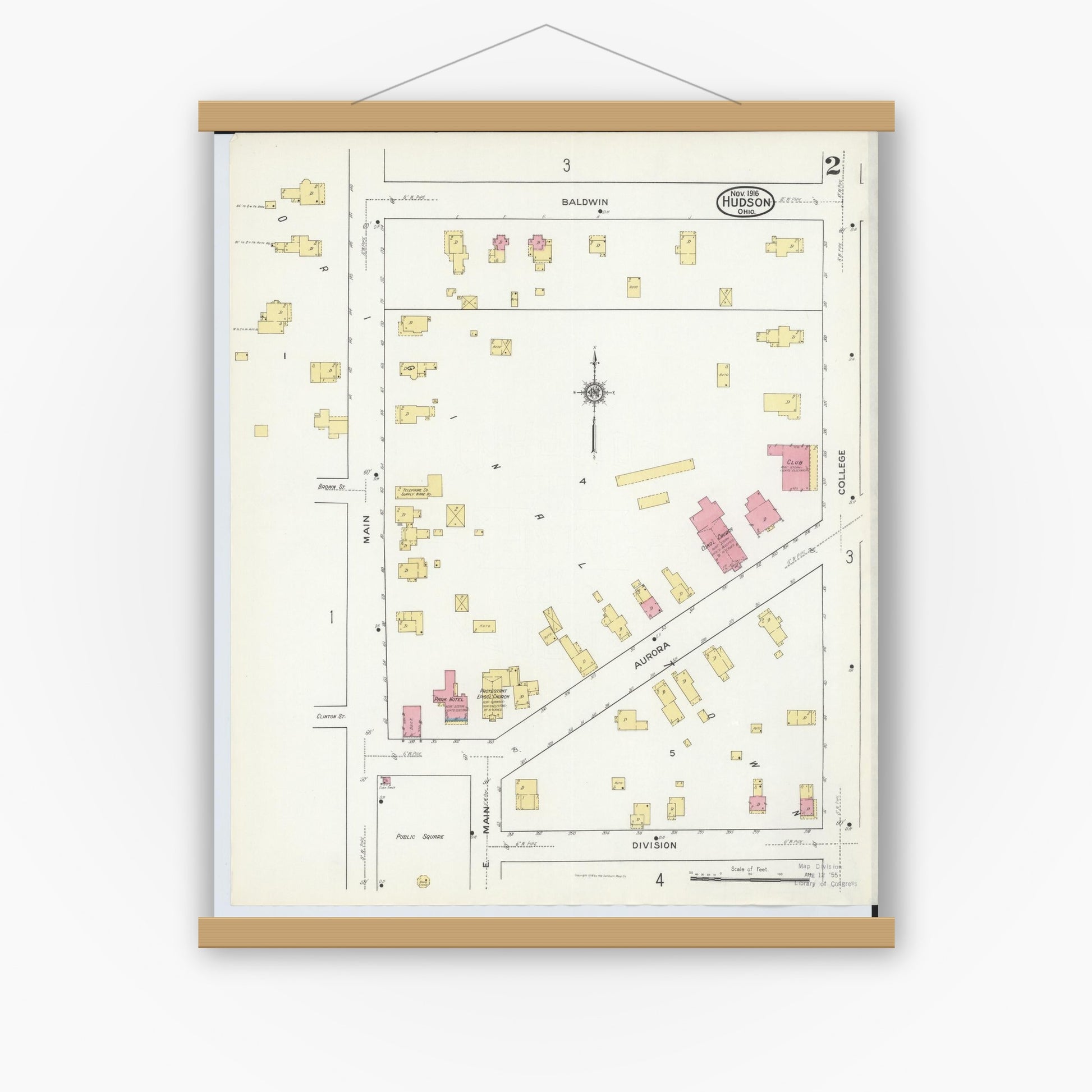 Old map wall art mockup — magnetic wood frame on white wall — Sanborn Fire Insurance Map from Hudson, Summit County, Ohio (1916), Sheet #0002