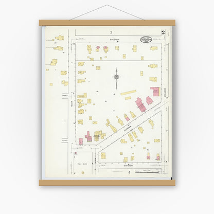Old map wall art mockup — magnetic wood frame on white wall — Sanborn Fire Insurance Map from Hudson, Summit County, Ohio (1916), Sheet #0002