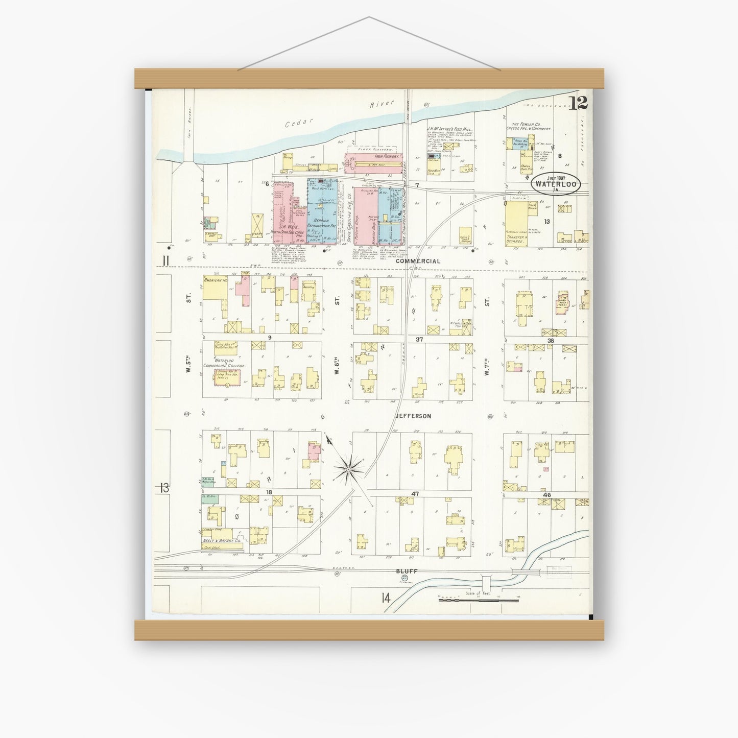 Old map wall art mockup — magnetic wood frame on white wall — Sanborn Fire Insurance Map from Waterloo, Black Hawk County, Iowa (1897), Sheet #0012