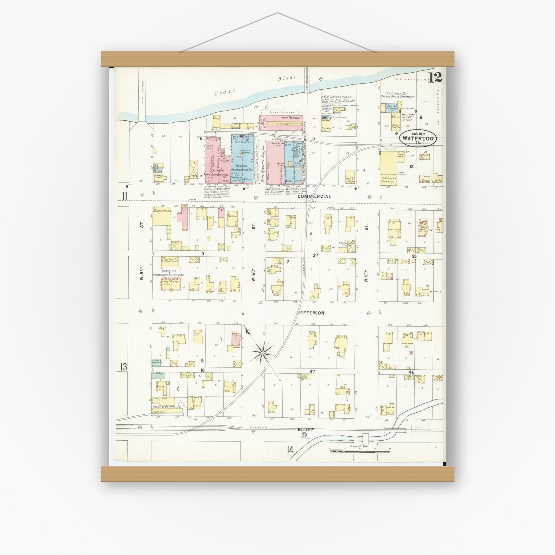 Old map wall art mockup — magnetic wood frame on white wall — Sanborn Fire Insurance Map from Waterloo, Black Hawk County, Iowa (1897), Sheet #0012