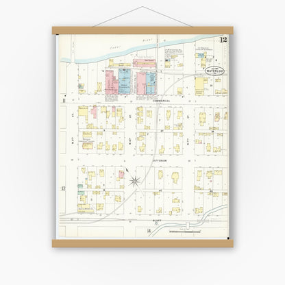 Old map wall art mockup — magnetic wood frame on white wall — Sanborn Fire Insurance Map from Waterloo, Black Hawk County, Iowa (1897), Sheet #0012