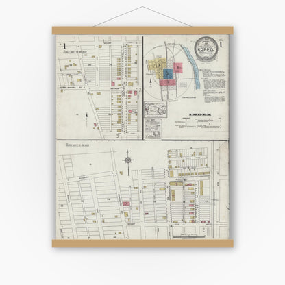 Old map wall art mockup — magnetic wood frame on white wall — Sanborn Fire Insurance Map from Koppel, Beaver County, Pennsylvania (1923), Sheet #0001