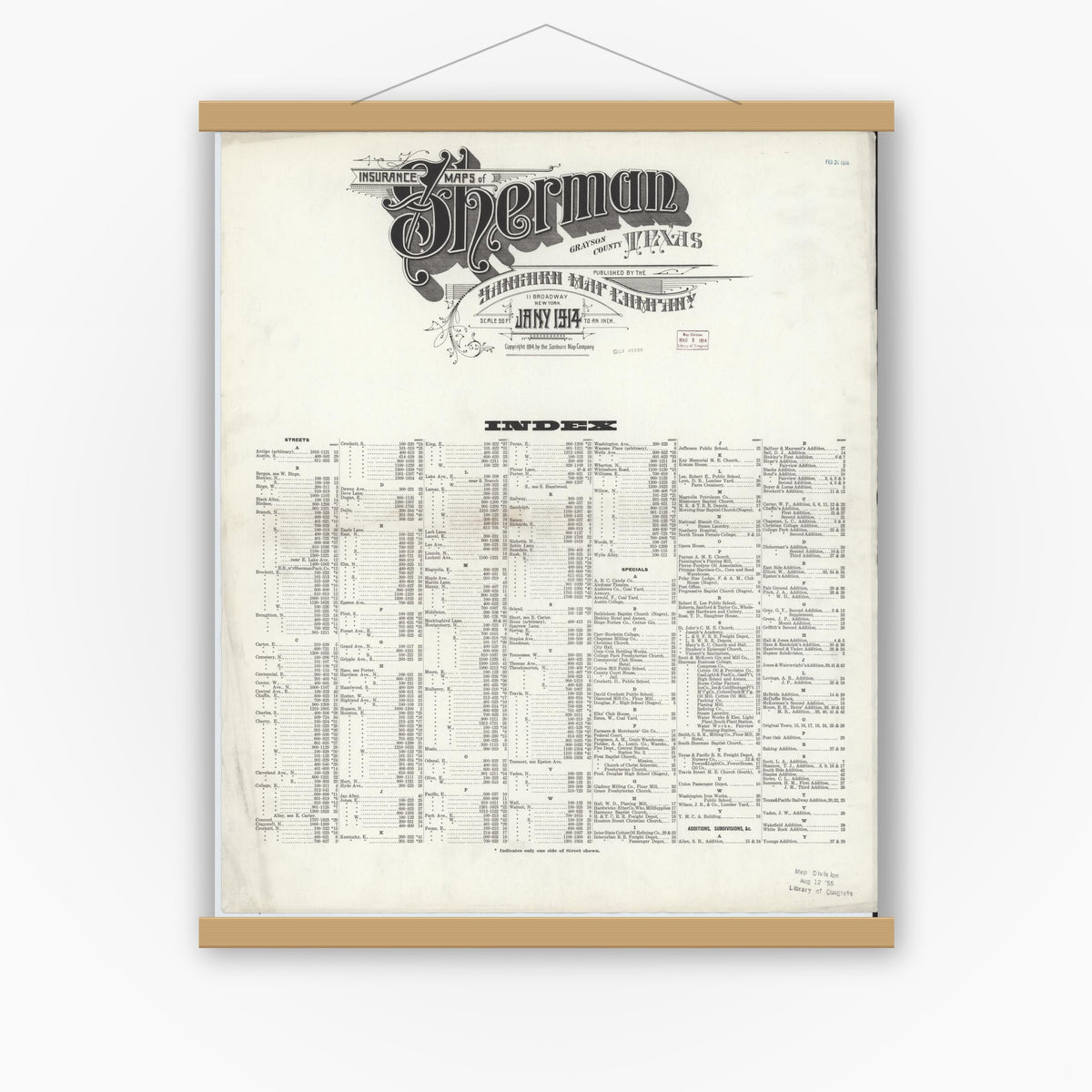 Old map wall art mockup — magnetic wood frame on white wall — Sanborn Fire Insurance Map from Sherman, Grayson County, Texas (1914), Sheet #0001