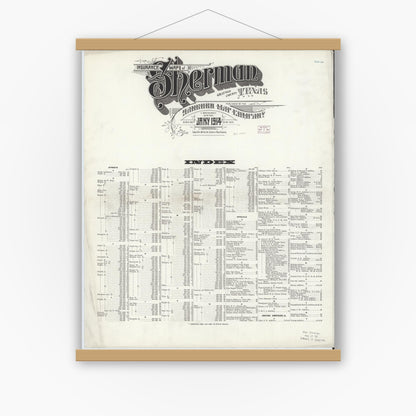 Old map wall art mockup — magnetic wood frame on white wall — Sanborn Fire Insurance Map from Sherman, Grayson County, Texas (1914), Sheet #0001