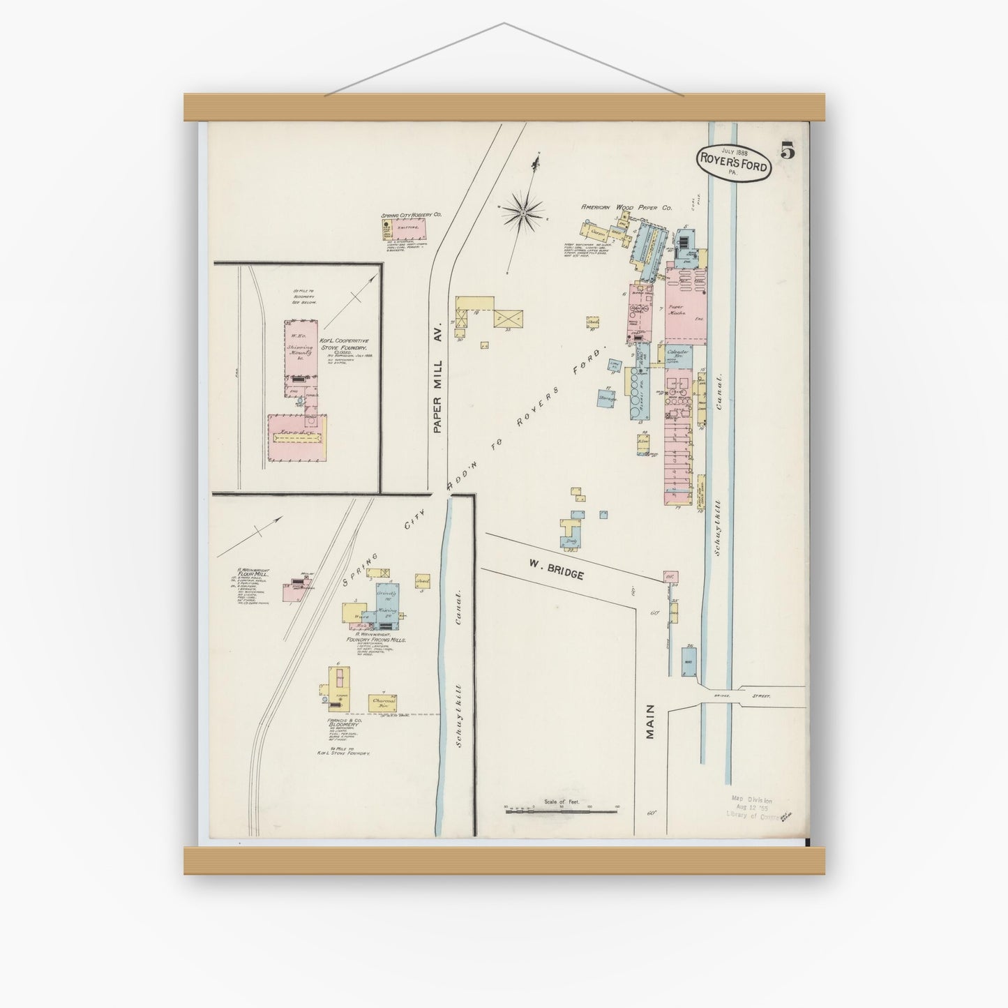 Old map wall art mockup — magnetic wood frame on white wall — Sanborn Fire Insurance Map from Royersford, Montgomery County, Pennsylvania (1888), Sheet #0005