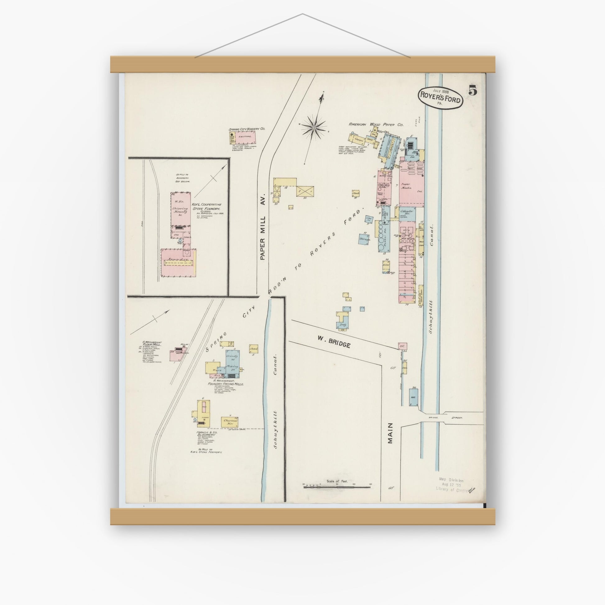 Old map wall art mockup — magnetic wood frame on white wall — Sanborn Fire Insurance Map from Royersford, Montgomery County, Pennsylvania (1888), Sheet #0005