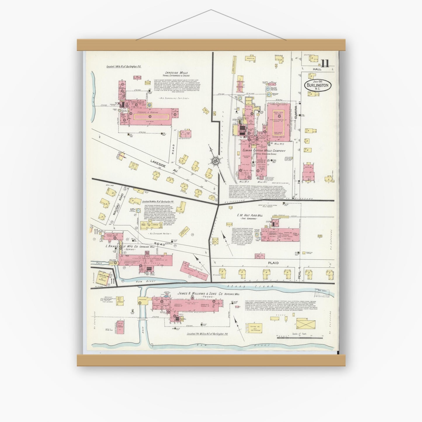 Old map wall art mockup — magnetic wood frame on white wall — Sanborn Fire Insurance Map from Burlington, Alamance County, North Carolina (1913), Sheet #0011