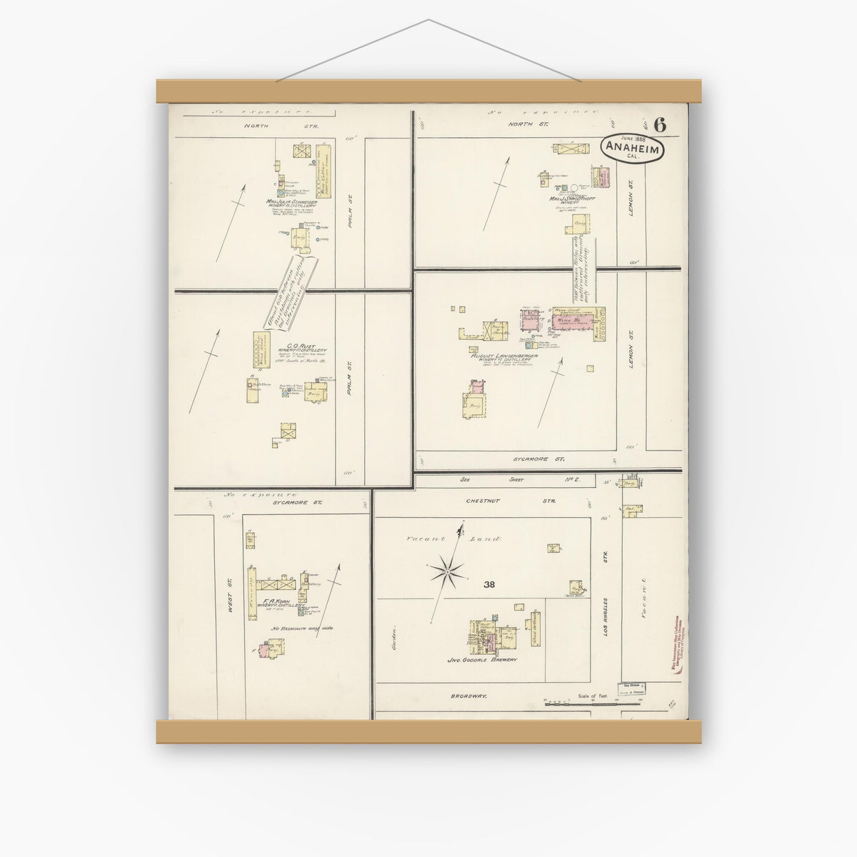 Old map wall art mockup — magnetic wood frame on white wall — Sanborn Fire Insurance Map from Anaheim, Orange County, California (1888), Sheet #0006