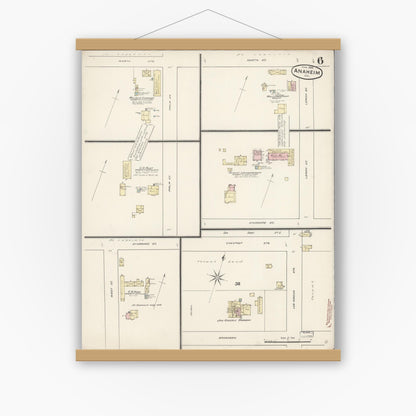Old map wall art mockup — magnetic wood frame on white wall — Sanborn Fire Insurance Map from Anaheim, Orange County, California (1888), Sheet #0006