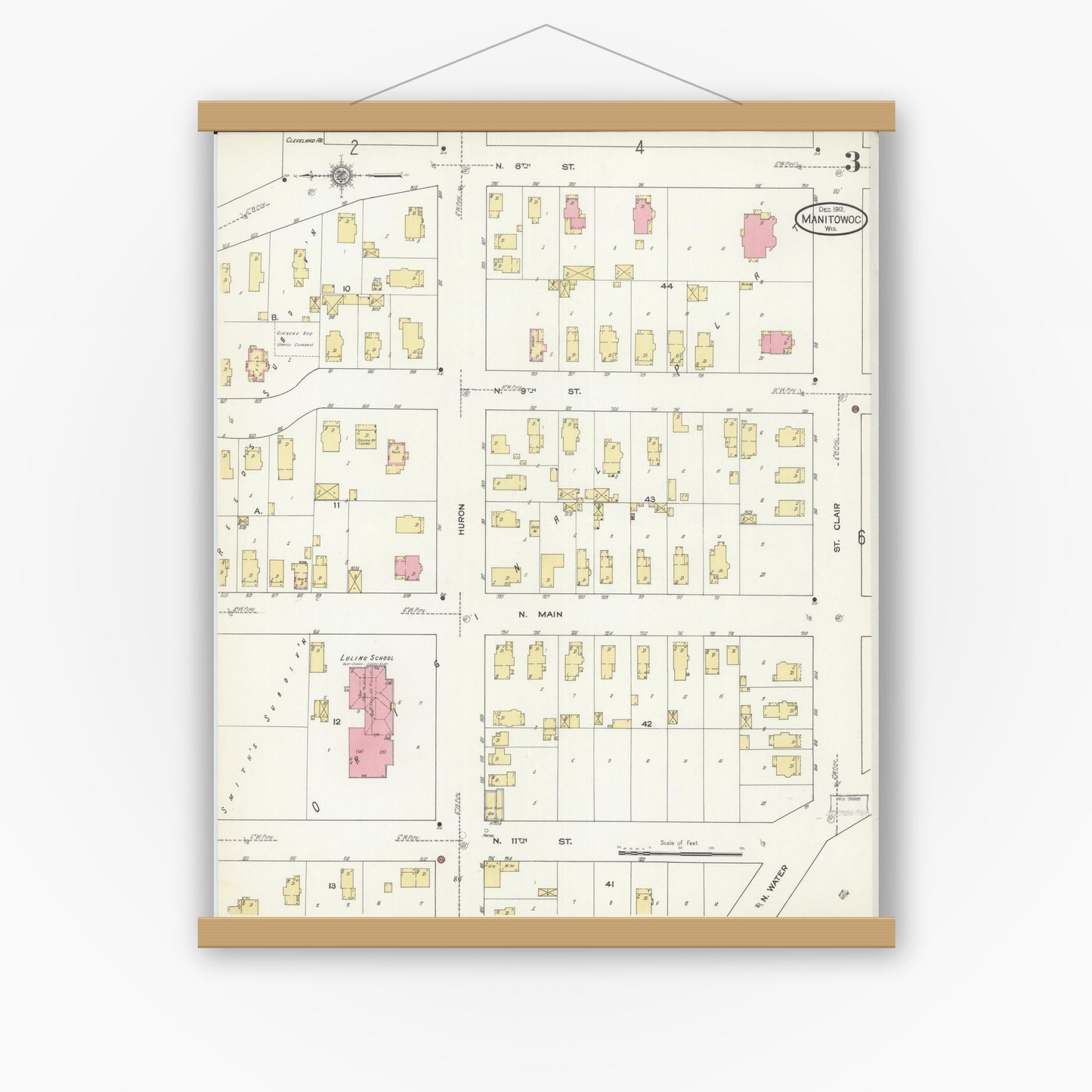 Old map wall art mockup — magnetic wood frame on white wall — Sanborn Fire Insurance Map from Manitowoc, Manitowoc County, Wisconsin (1912), Sheet #0003