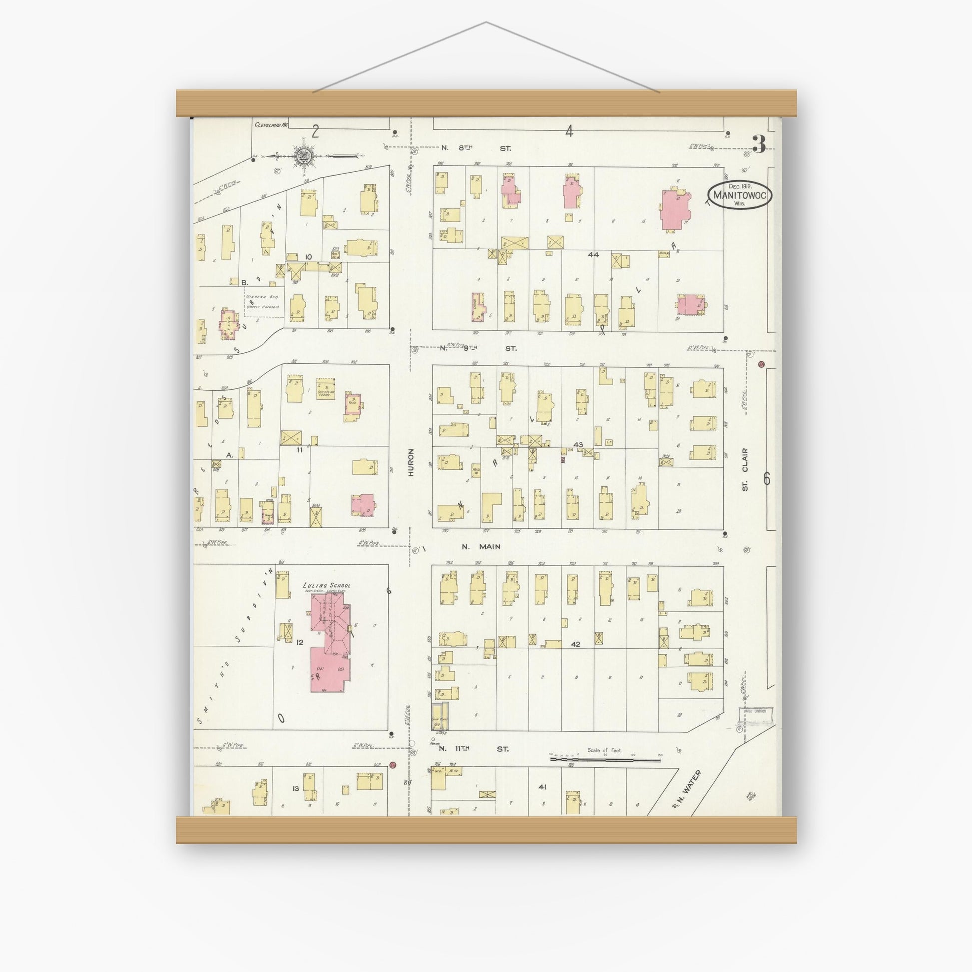 Old map wall art mockup — magnetic wood frame on white wall — Sanborn Fire Insurance Map from Manitowoc, Manitowoc County, Wisconsin (1912), Sheet #0003