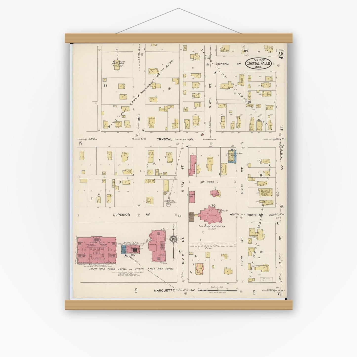 Old map wall art mockup — magnetic wood frame on white wall — Sanborn Fire Insurance Map from Crystal Falls, Iron County, Michigan (1922), Sheet #0002