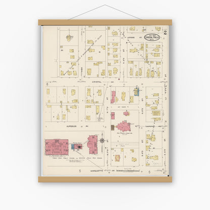 Old map wall art mockup — magnetic wood frame on white wall — Sanborn Fire Insurance Map from Crystal Falls, Iron County, Michigan (1922), Sheet #0002