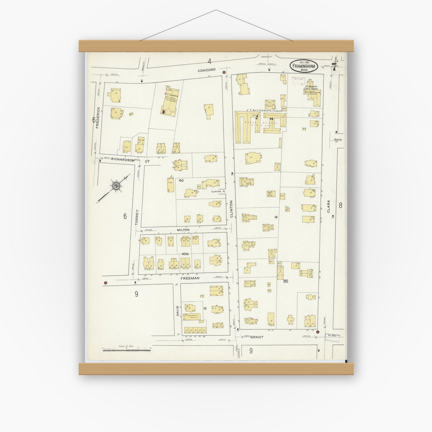 Old map wall art mockup — magnetic wood frame on white wall — Sanborn Fire Insurance Map from Framingham, Middlesex County, Massachusetts (1915), Sheet #0007