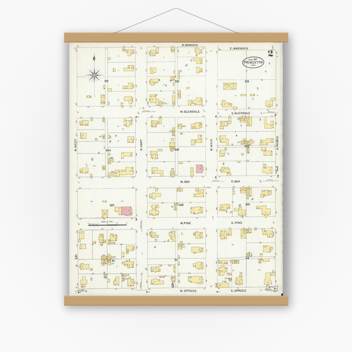 Old map wall art mockup — magnetic wood frame on white wall — Sanborn Fire Insurance Map from Princeton, Gibson County, Indiana (1907), Sheet #0002