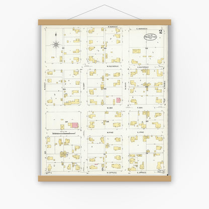 Old map wall art mockup — magnetic wood frame on white wall — Sanborn Fire Insurance Map from Princeton, Gibson County, Indiana (1907), Sheet #0002