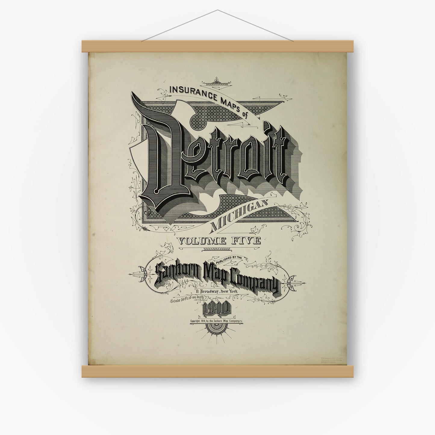 Old map wall art mockup — magnetic wood frame on white wall — Sanborn Fire Insurance Map from Detroit, Wayne County, Michigan (1910), Sheet #0001