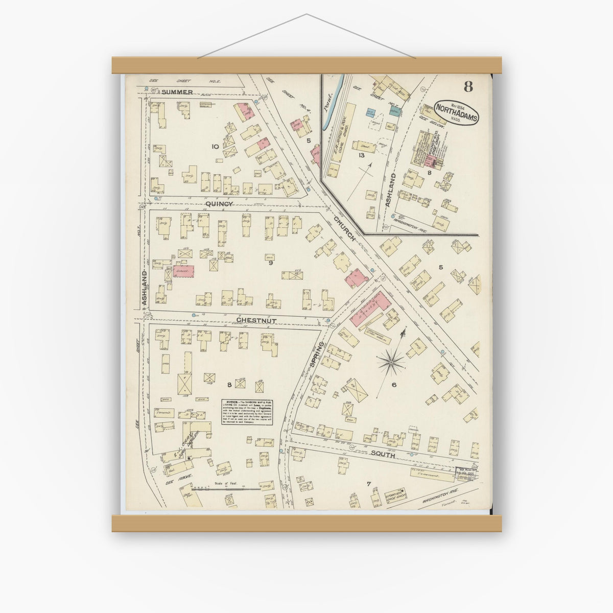 Old map wall art mockup — magnetic wood frame on white wall — Sanborn Fire Insurance Map from North Adams, Berkshire County, Massachusetts (1884), Sheet #0008