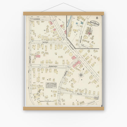 Old map wall art mockup — magnetic wood frame on white wall — Sanborn Fire Insurance Map from North Adams, Berkshire County, Massachusetts (1884), Sheet #0008