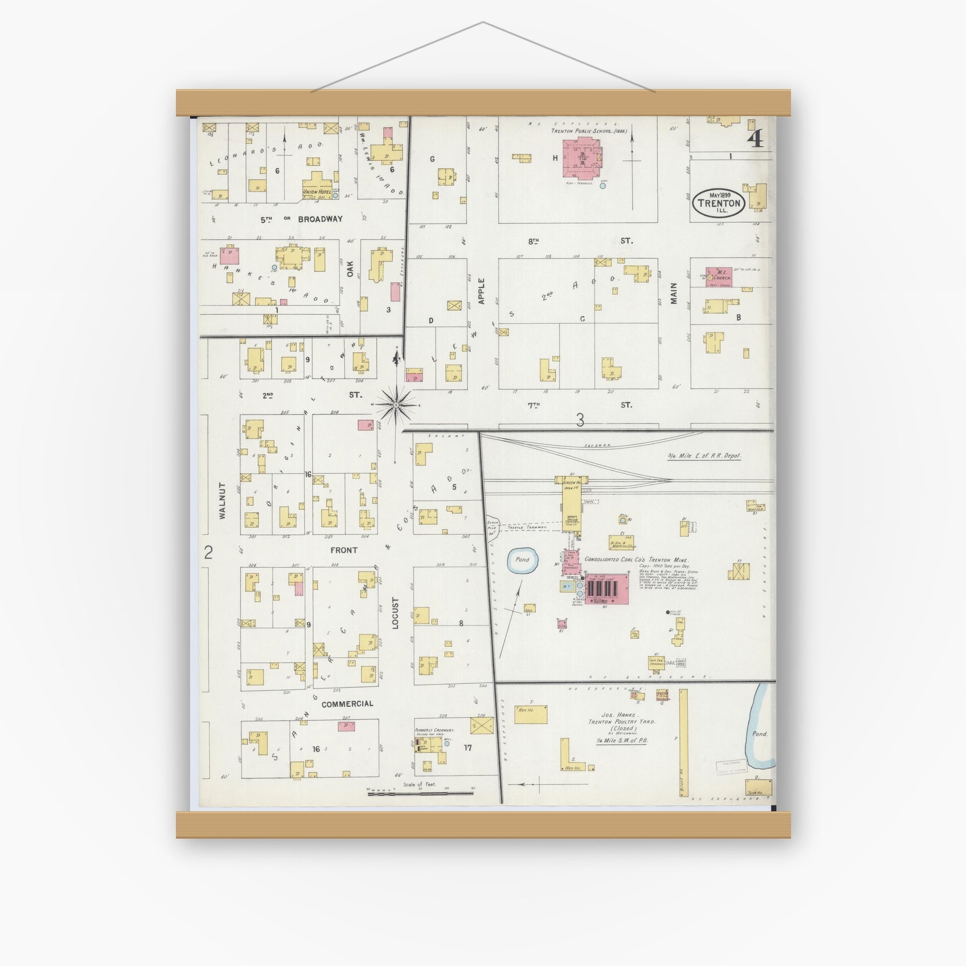 Old map wall art mockup — magnetic wood frame on white wall — Sanborn Fire Insurance Map from Trenton, Clinton County, Illinois (1899), Sheet #0004